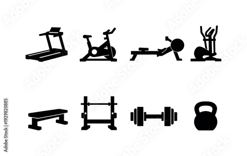Home gym machines: treadmill, exercise bike, rowing machine, elliptical trainer, weight bench, squat rack, dumbbell, kettlebell