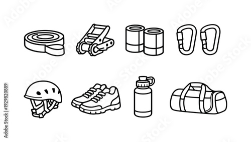 Slackline balance training gear: slackline strap, ratchet tensioner, tree protectors, carabiners, helmet, sports shoes, water bottle, carrying bag