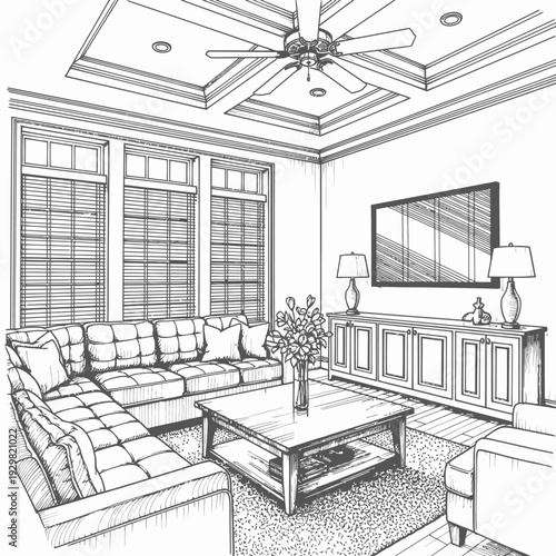 Detailed Sketch of a Modern Living Room with Sectional Sofa and Entertainment Console.