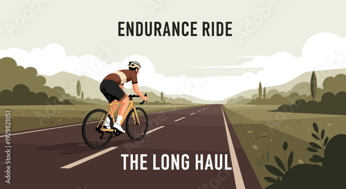 Cyclist Embarks On A Lengthy Journey Through Scenic Landscape Road, Endless Road Ahead