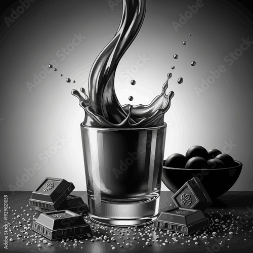 Dynamic Splash of Dark Liquid in a Shot Glass with Chocolate.