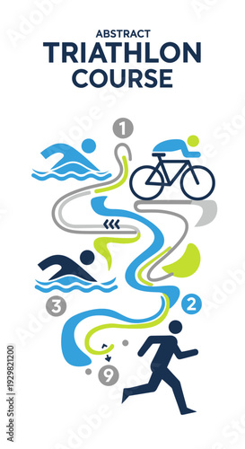 Conceptual Illustration of a Modern Triathlon Course Depicting Swimming, Cycling, And Running Stages