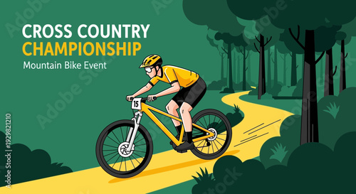 Cross Country Mountain Bike Championship Illustration Depicting Athlete Racing in Forest