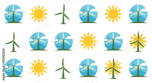 Renewable energy icons, wind turbines and solar power symbols