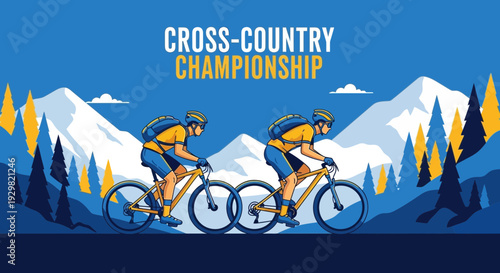 Cross-Country Championship Illustration Depicting Two Cyclists in Dynamic Mountain Landscape