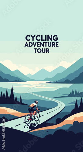 Cycling Adventure Tour Through Picturesque Mountain Landscape With Cyclist Silhouette And Road