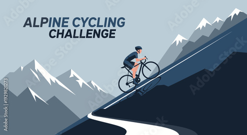 Cyclist Ascending Steep Mountain Slope In Alpine Cycling Competition Illustration