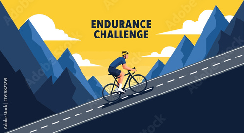 Cyclist Ascending Steep Road, Endurance Challenge Concept, Mountainous Background Illustration