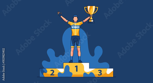 Cyclist Celebrates Victory On Podium Holding Trophy Illustrating Achievement And Success