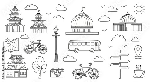 Hand-drawn travel and tourism doodles featuring landmarks, transport, and leisure items.