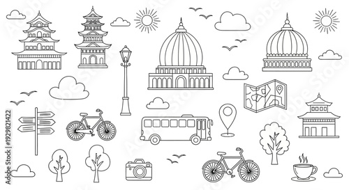 Hand-drawn travel and tourism doodles with landmarks and transport.