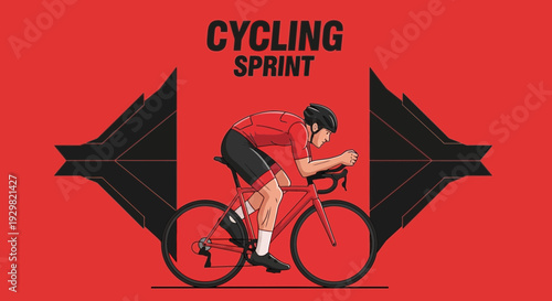 Cyclist in a Sprint: Energetic Vector Illustration of a Biker in Motion Against Red Backdrop
