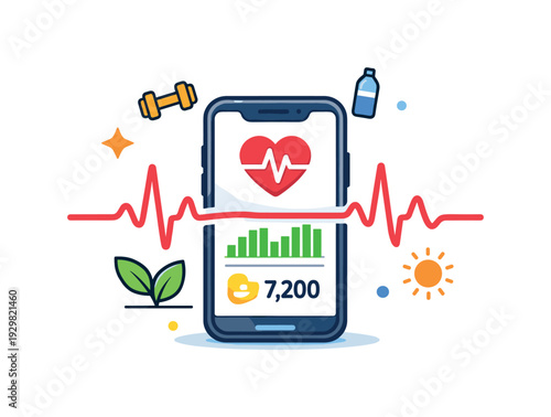 Digital health tracking and proactive wellness monitoring in a modern lifestyle environment, a smartphone combined with a heart pulse line