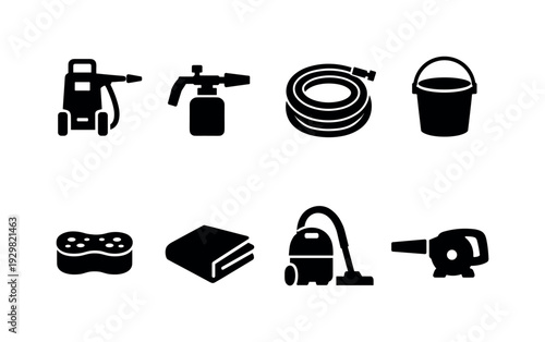 Car wash equipment: pressure washer, foam cannon, water hose, wash bucket, sponge, microfiber cloth, vacuum cleaner, air blower