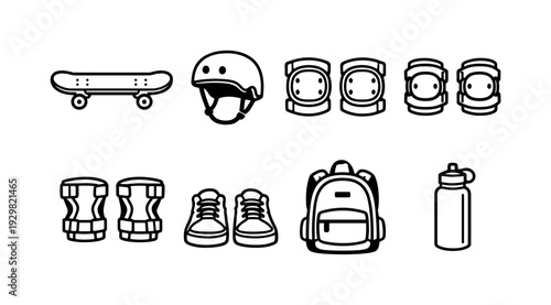 Skateboarding gear: skateboard, helmet, knee pads, elbow pads, wrist guards, skate shoes, backpack, water bottle