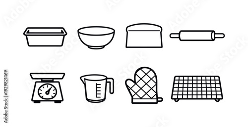 Home bread baking tools: bread loaf pan, mixing bowl, dough scraper, rolling pin, kitchen scale, measuring cup, oven mitt, cooling rack