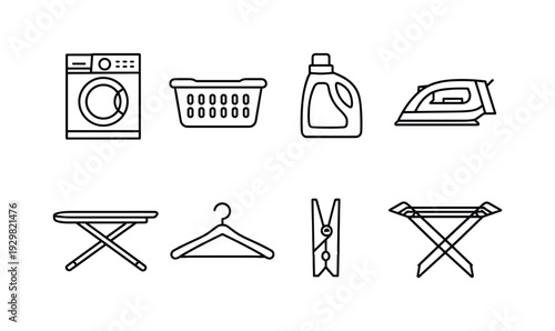 Laundry care items: washing machine, laundry basket, detergent bottle, iron, ironing board, clothes hanger, clothespin, drying rack