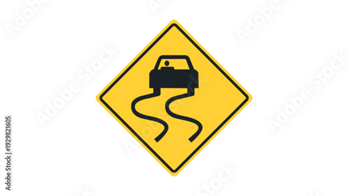 Slippery road warning traffic sign on yellow background