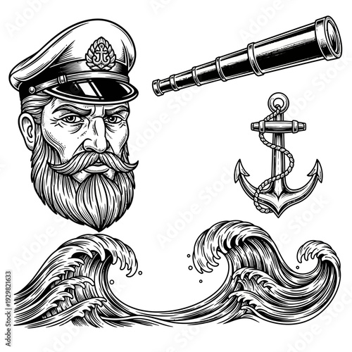 Vintage Nautical Set with Captain, Spyglass, Anchor, and Ocean Waves.