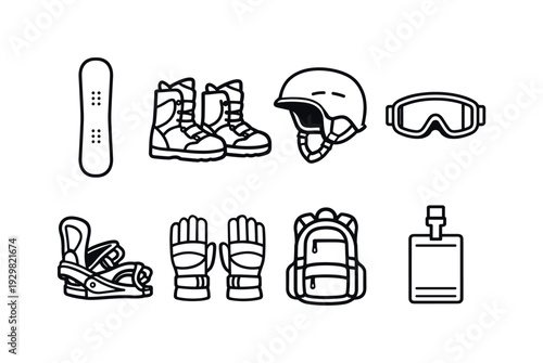 Snowboarding gear: snowboard, snowboard boots, helmet, goggles, bindings, gloves, backpack, lift pass card
