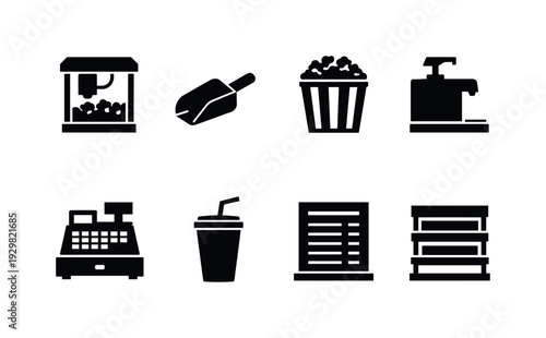 Popcorn stand equipment: popcorn machine, scoop, popcorn bucket, butter dispenser, soda cup, cash register, menu board, display shelf