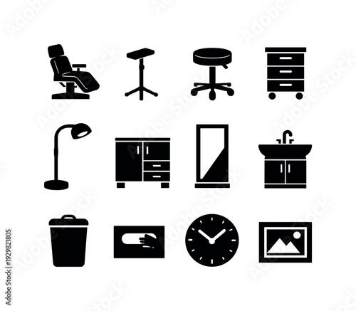 Tattoo Studio Furniture: tattoo chair, armrest stand, rolling stool, tool cart, floor lamp, storage cabinet, mirror, sink, trash bin, glove box, wall