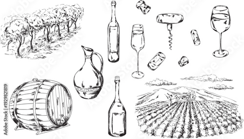 Hand drawn wine set illustrations with vineyard landscape, wine bottles, barrel, corkscrew, corks and glass. Vintage engraving style winery collection isolated on white background.