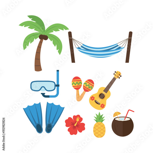Summer escape concept with flat design elements representing travel, relaxation, music, and beach activities
