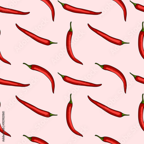 Seamless pattern of red chili peppers (Capsicum annuum L) on pink background.