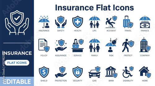 Insurance Icon Set. Features editable icons for insurance symbols, health insurance, safety, risk management, etc. Perfect for insurance companies, financial advisors, and insurance brokers.