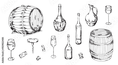 Hand drawn wine set illustrations with vineyard landscape, wine bottles, barrel, corkscrew, corks and glass. Vintage engraving style winery collection isolated on white background.