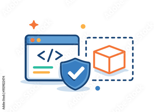 Privacy sandbox environments and secure software testing in responsible tech development, a simple code window paired with a small shield and a