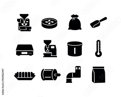 Coffee Roasting Equipment: coffee roaster, cooling tray, coffee sack, scoop, scale, grinder, storage bin, thermometer, sample tray, roasting drum