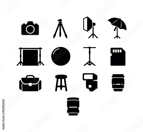 Photography Studio Setup: camera, tripod, softbox, umbrella light, backdrop stand, reflector disc, light stand, memory card, camera bag, stool, flash