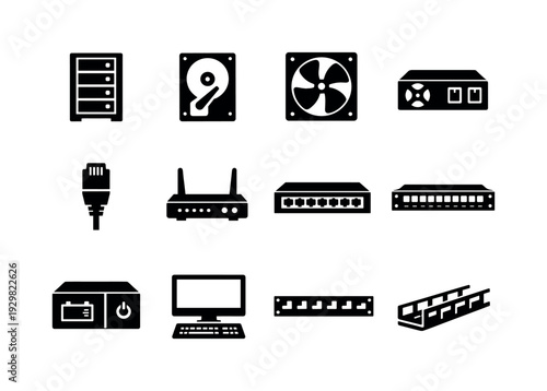 Data Center Hardware: server rack, hard drive, cooling fan, power unit, ethernet cable, router, network switch, patch panel, battery backup, monitor