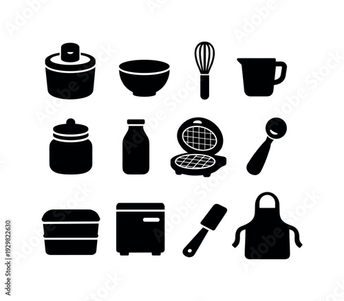 Home Ice Cream Making Kit: ice cream maker, mixing bowl, whisk, measuring cup, sugar jar, milk bottle, waffle cone maker, scoop, storage container