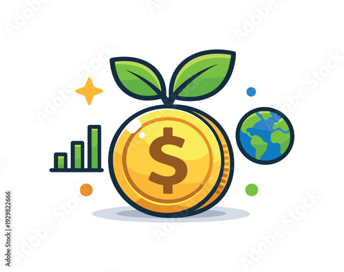 Green finance and sustainable investment planning supporting environmentally responsible business decisions, a coin combined with a small leaf