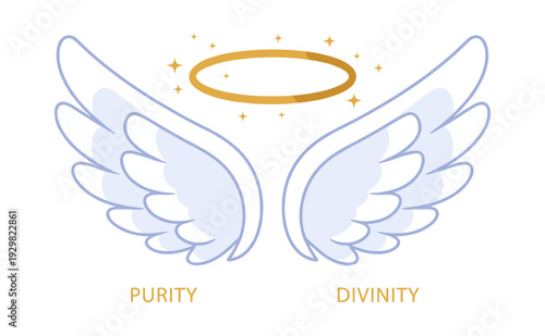 Angel wings with a glowing halo and stars above, symbolizing concepts of purity, divinity, heaven, and spirituality