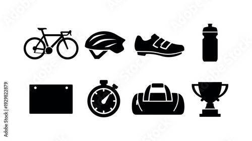 Cycling race equipment: road bicycle, helmet, cycling shoe, water bottle, race number bib, stopwatch, sports bag, trophy