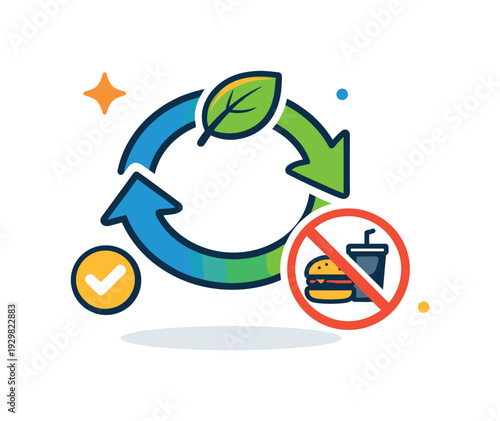 Digital habit substitution and behavior redesign for healthier routines, a simple repeat arrow paired with a small leaf and a crossed-out unhealthy