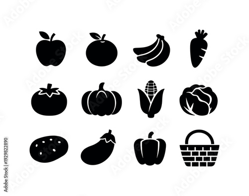 Farm Market Produce: apple, orange, banana, carrot, tomato, pumpkin, corn, cabbage, potato, eggplant, pepper, basket
