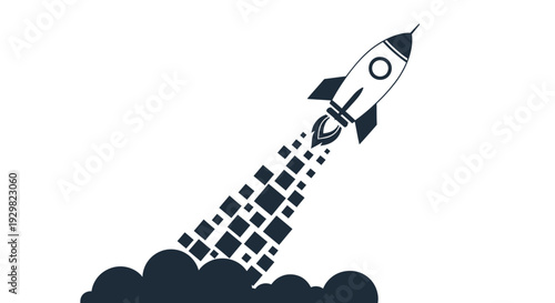 rocket launching into space with smoke and squares