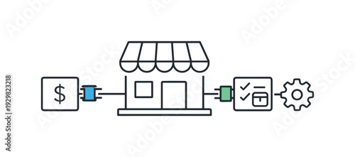 Composable commerce architecture for modular e-commerce platforms integrating payment, inventory, and marketing services, a simplified storefront icon