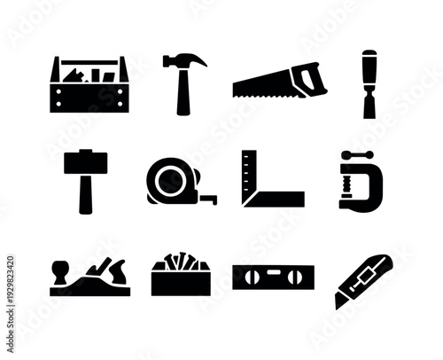 Carpenter Toolbox Set: toolbox, claw hammer, hand saw, chisel, mallet, tape measure, square ruler, clamp, wood plane, nail box, level, utility knife