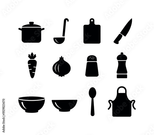 Home Soup Cooking Kit: stock pot, ladle, cutting board, chef knife, carrot, onion, salt shaker, pepper mill, mixing bowl, serving bowl, spoon, apron