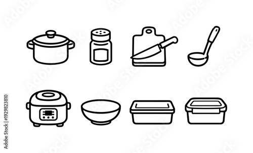 Home curry cooking items: cooking pot, spice jar, cutting board, kitchen knife, ladle, rice cooker, serving bowl, storage container