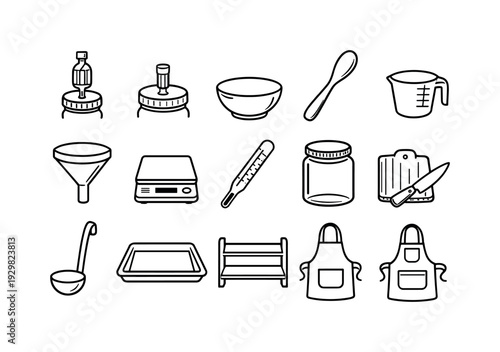 Home fermenting kitchen tools: fermentation jar, airlock lid, mixing bowl, wooden spoon, measuring cup, funnel, kitchen scale, thermometer, storage