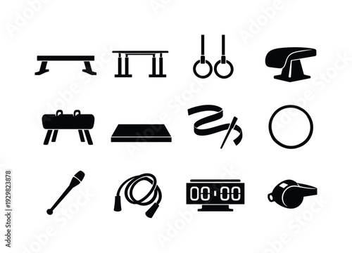 Gymnastics Equipment: balance beam, parallel bars, rings, vault table, pommel horse, mat, ribbon, hoop, club, rope, scoreboard, whistle