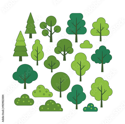Flat green trees and shrubs creating a nature collection. Eco-friendly design representing outdoor, plant, and growing concepts