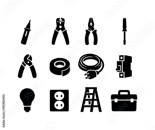 Electrician Tool Kit: voltage tester, wire stripper, pliers, screwdriver, cable cutter, insulation tape roll, extension cord, circuit breaker, light